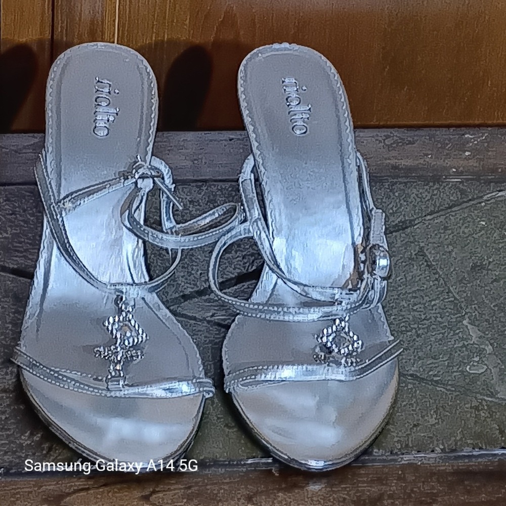 Rialto Womens Silver Strappy Rhinestone Stiletto Heeled Sandals Size 8.5M Luxury